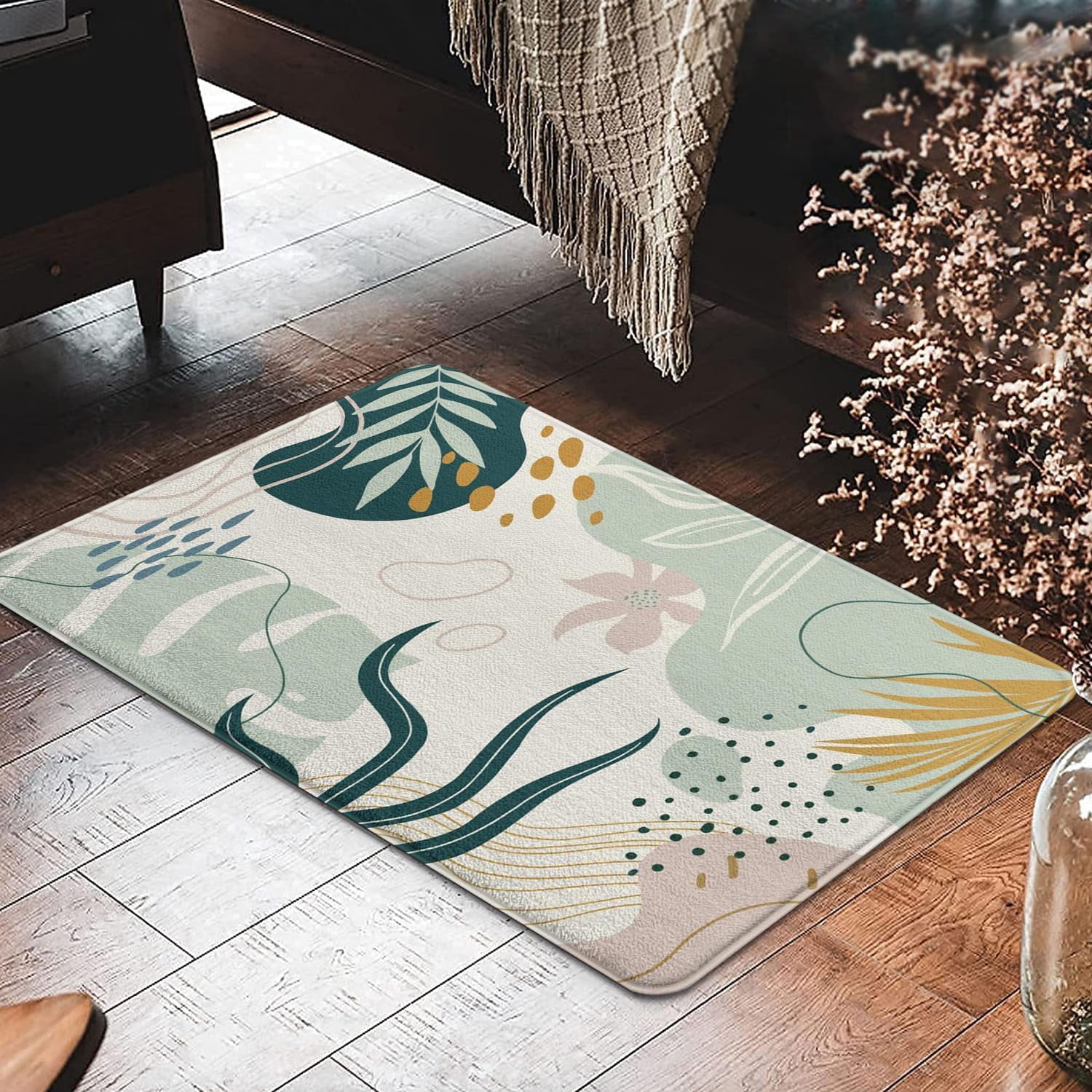 Mid Century Boho Bathroom Rugs Blue Bohemia Bath Mat Non-Slip Water Absorbent Bath Rug Soft Microfiber Floor Mats for Bathroom Tub and Shower Room 17x27 inch