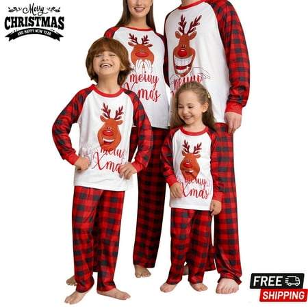 

Christmas Pajamas for Family-Family Christmas Pjs Matching Sets Cartoon Elk Letter Print Plaid