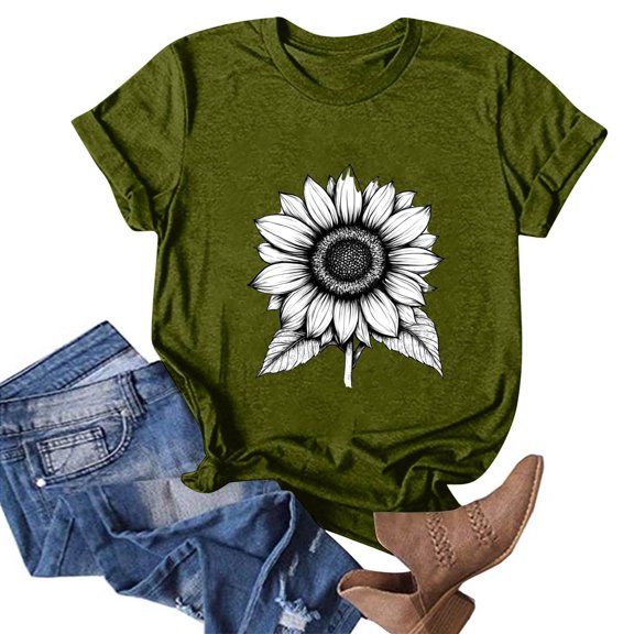NAMTYQX Cute Shirts for Women Soft Stretchy Short Sleeve Graphic Crewneck Casual Loose Fitting Plus Size Print Trendy Tops for Women 2025 Army Green Size L