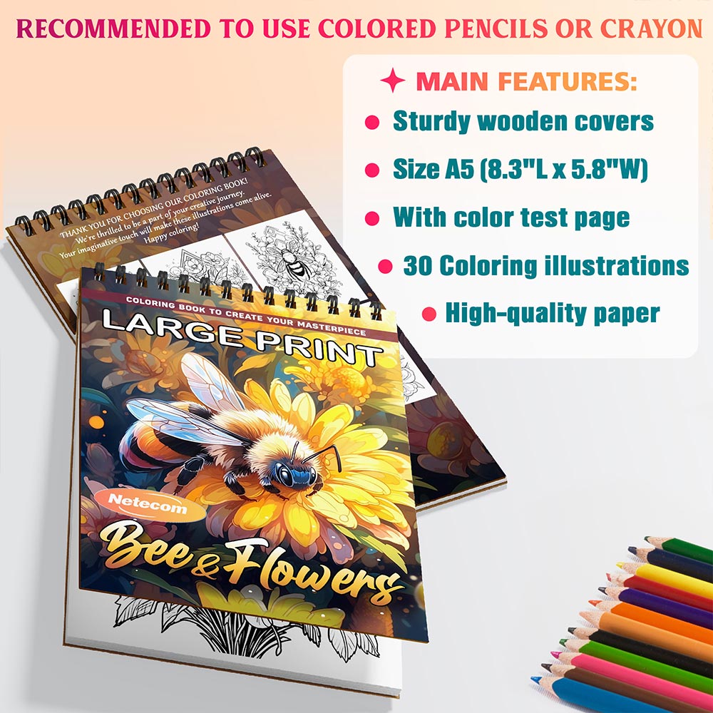 Netecom Large Print Bee and Flowers Coloring Book Spiral Bound For Adults, A5 Wooden Cover, 30 Beautiful Coloring Pages in Bees and Blooming Flowers for Stress Relief and Relaxation