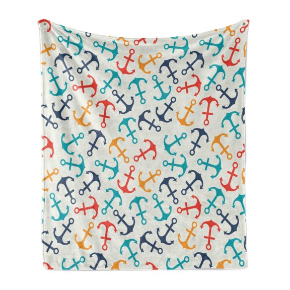 Anchor Soft Flannel Fleece Throw Blanket, Anchor Shape in Lines Tropics Getaway Ship Cruise Transport Repeating Tile, Cozy Plush for Indoor and Outdoor Use, 70" x 90", Beige Multicolor, by Ambesonne