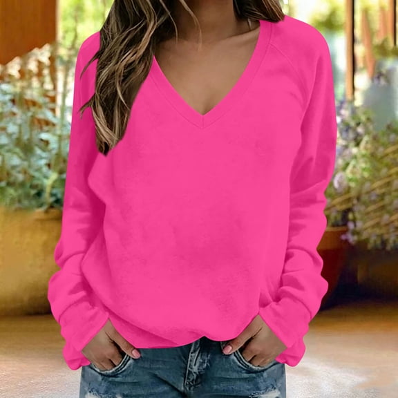 ZHYou Womens Sweatshirts V Neck Raglan Long Sleeve Loose Fit Soft Casual Pullover Tops for Daily Wear,Hot Pink,Size 3XL