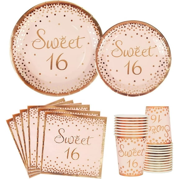 Sparkles Hub Sweet 16 Birthday Party Supplies, Disposable, Pink and Rose Gold, 96 Count