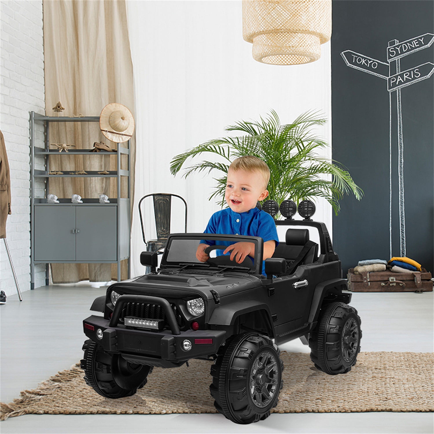 Kepooman 12V Kids Ride On Toy Car with Remote Control for Kids 3-7 Years, Music, LED Lights, Horn - Black
