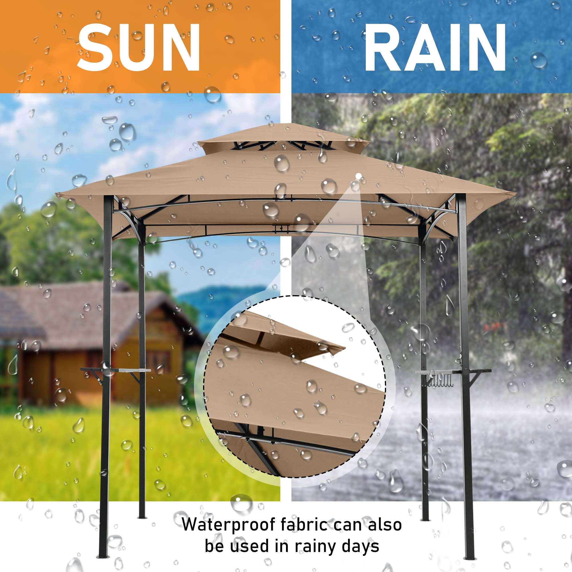 Aukfa 8'x 5' Outdoor Modern Steel Grill Gazebo with Hook and Bar Counters, Khaki