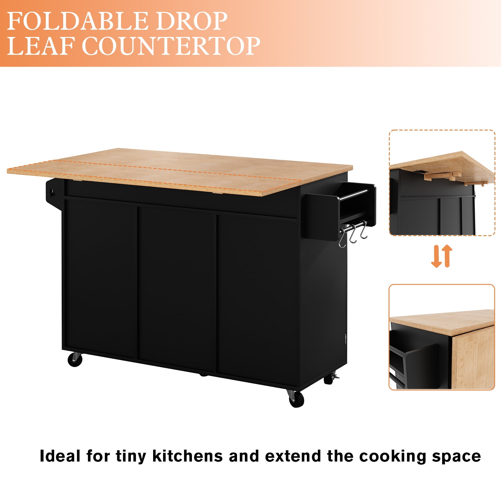 "HLR Black Large Rolling Kitchen Island with Wheels and Storage, 51.7"" W Countertop"