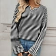 thumbnail image 6 of Lenpel Women's Long Sleeve Tops Trendy Notched V Neck Striped Textured Knit T Shirts Soft Casual Tees Loose Tunic Blouses(Black,Small), 6 of 7