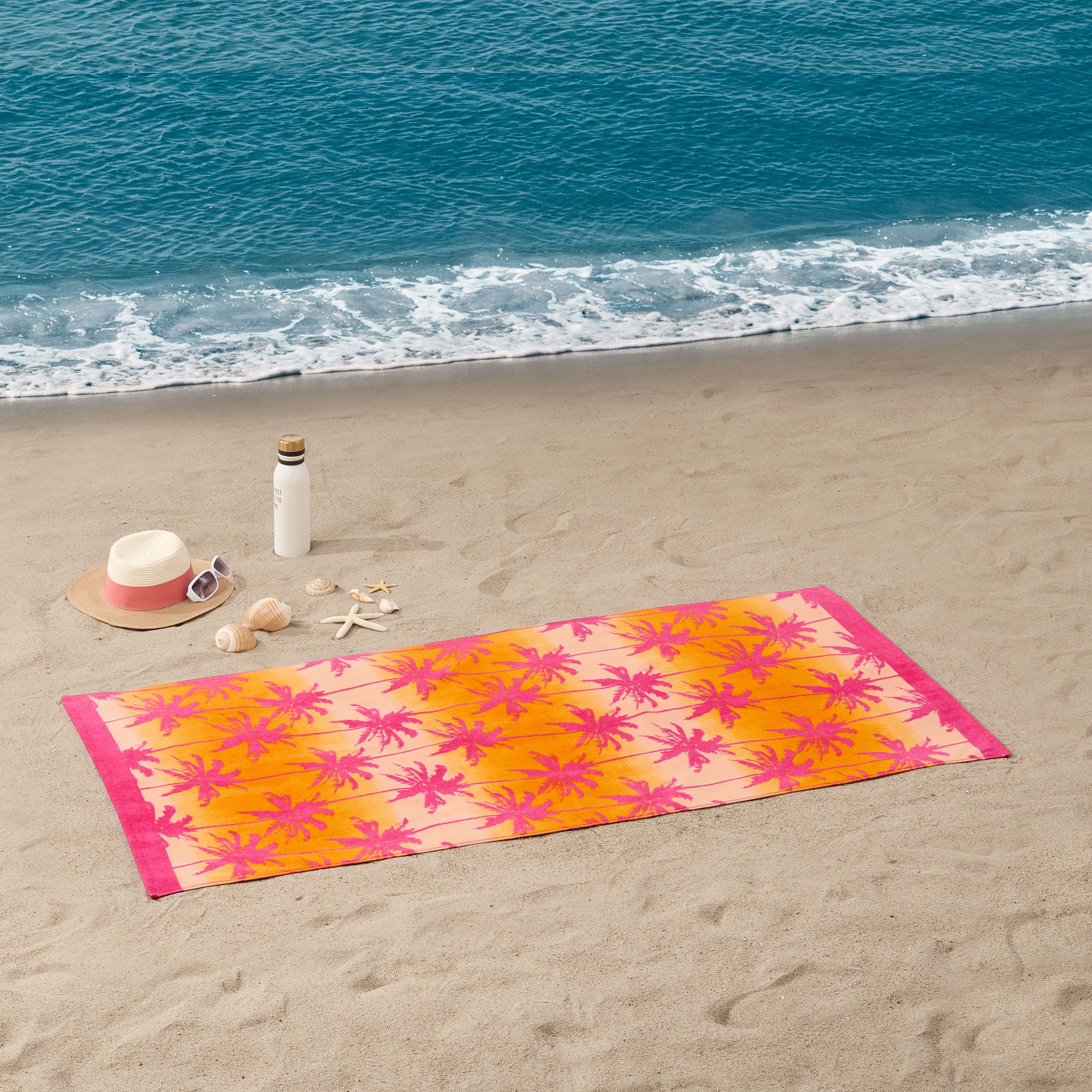 Mainstays Beach Collection Pink Palm Cotton-Blend Beach Towel