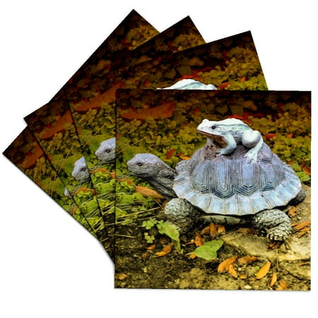 

3dRose A garden turtle statue with a frog riding its back Set of 4 Ceramic Tile Coasters