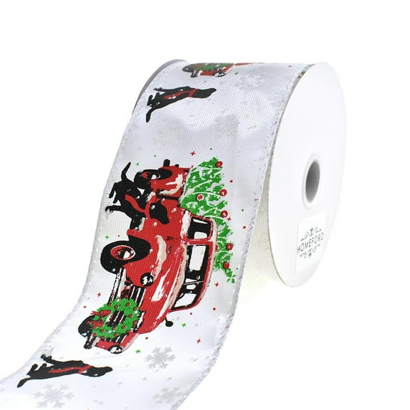 Vintage Christmas Tree Red Classic Pickup Truck Scene Wired Ribbon, 2-1/2-Inch, 10-Yard