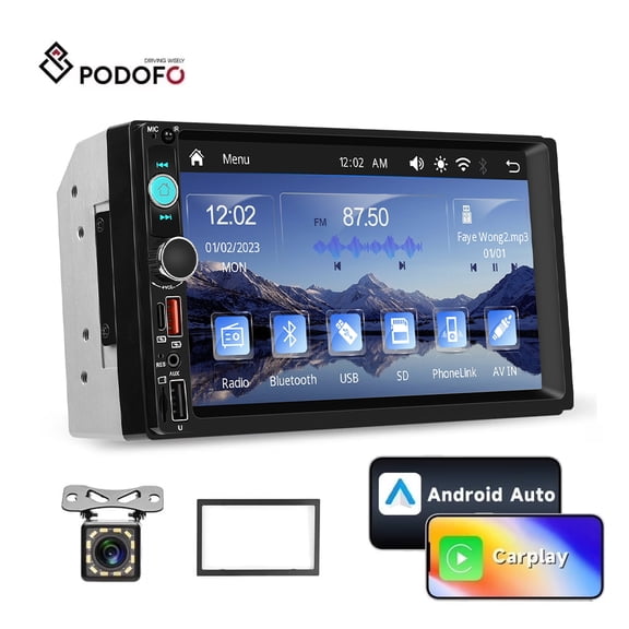 Podofo Double Din 7 in Touch Screen Car Stereo Radio with Wireless CarPlay&Android Auto Mirror Link EQ Backup Camera Frame