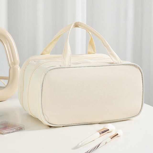 Bolsa de cosméticos de gran capacidad | Organizador portátil de maquillaje de viaje con compartimentos de 3 capas | Material de tela: Verde menta, Blanco, Amarillo | 23x14x11cm | Almacenamiento