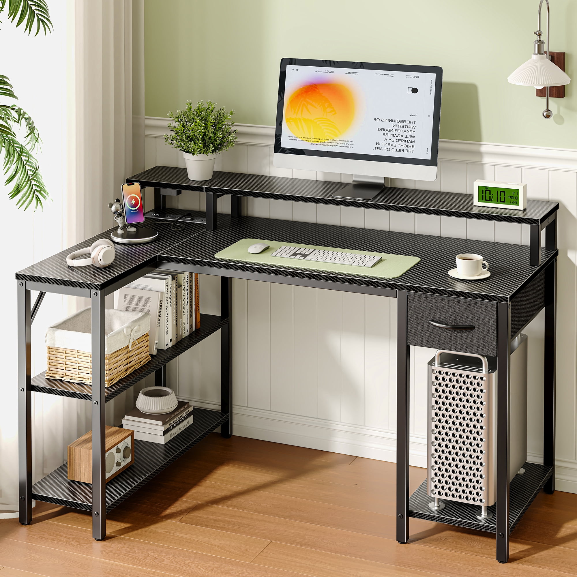 Amadwell 47 Inch L Shaped Desk with LED Strip, Corner Gaming Desk with Power Outlet, Drawer & Shelves