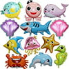12 pieces Large Cute Sea Animal Balloons Octopus Shark Fish Dolphin Hippocampus Crab Scallops Foil Balloons for Boys Girls Sea Underwater Animals Theme Party Decoration(A)