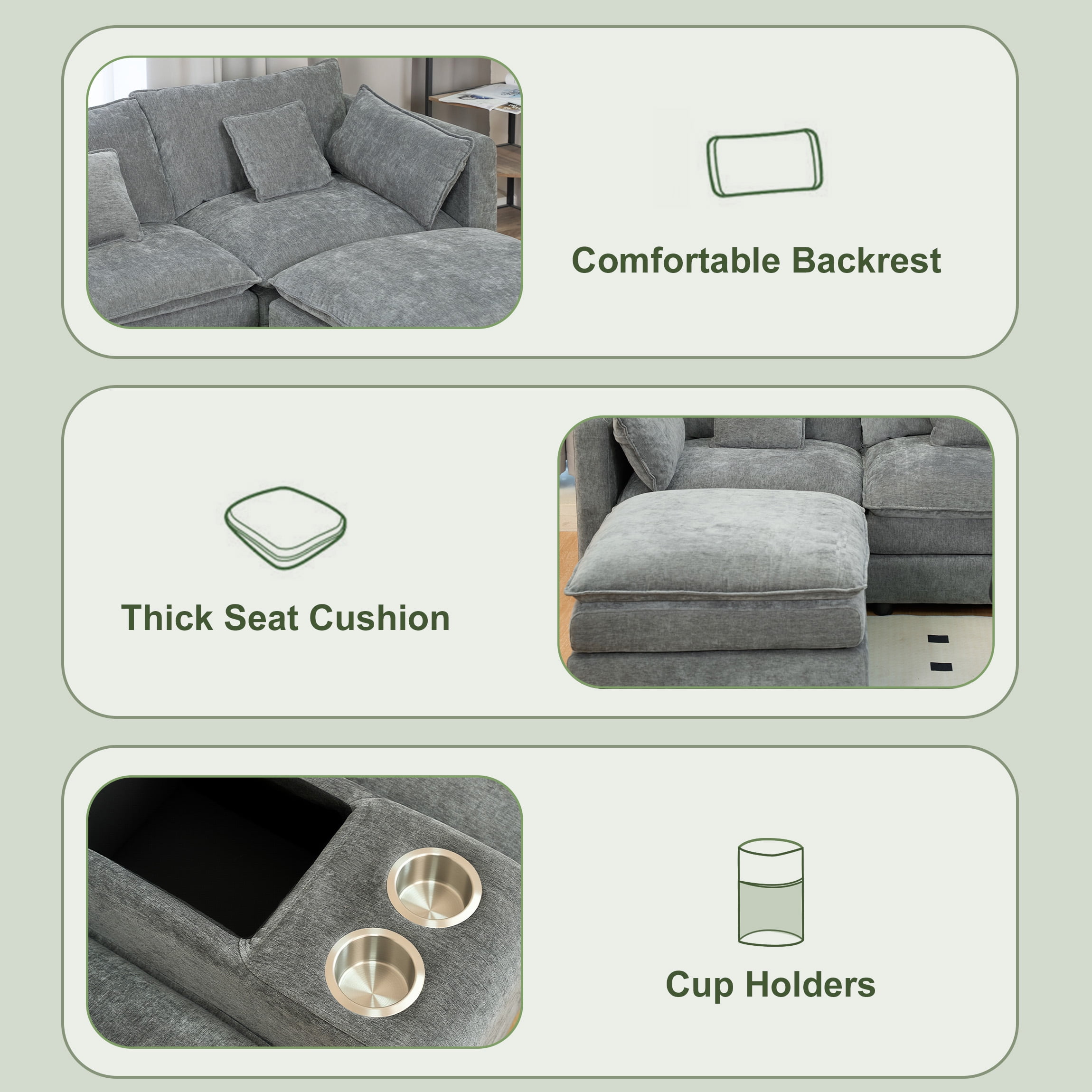 SOULART 144 U Shaped Couch Living Room Furniture - Gray Couch Cloud Modular Sectional Sofa with Ottoman, Chenille 6-Seat, Console & Cup Holders