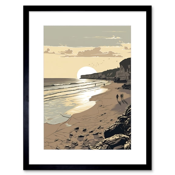 Sunrise Walk on Filey Beach Coastal Illustration Artwork Framed Wall Art Print 9X7 Inch