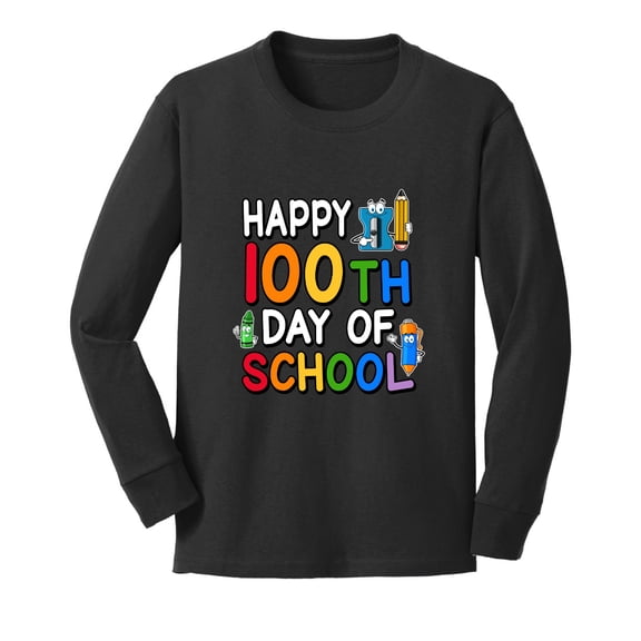 Wild Bobby Happy 100th Day of School Cute Pencil Marker, 100 Days of School 2024 2025 Design for Kids Youth Boys Girls School Youth Longsleeve Shirt