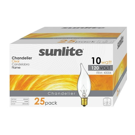 Watt Flame Tip Chandelier Bulb - Sunlite 25 Pack Flame Tip Chandelier Incandescent Bulb, Candelabra Base (E12), 10 Watt, 3200K, Warm White - Perfect for creating a cozy, warm, and elegant ambience in your space!