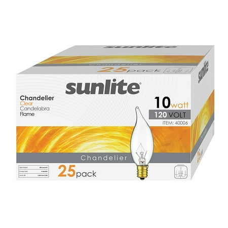 Sunlite 25 Pack Flame Tip Chandelier Incandescent Bulb, Candelabra Base (E12), 10 Watt, 3200K, Warm White - Perfect for creating a cozy, warm, and elegant ambience in your