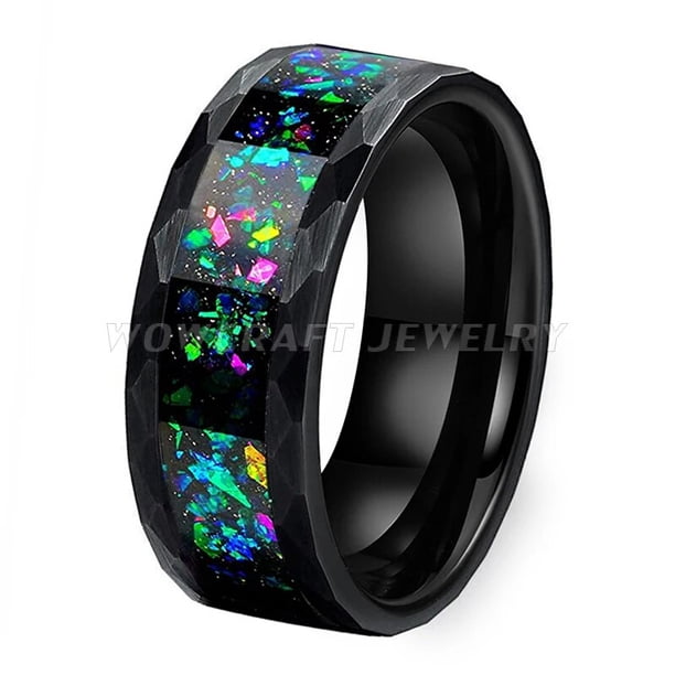 Anillos de carburo de tungsteno martillado para hombres y mujeres, bandas de boda, incrustaciones de ópalo triturado de galaxia, acabado cepillado, ajuste cómodo, 8mm
