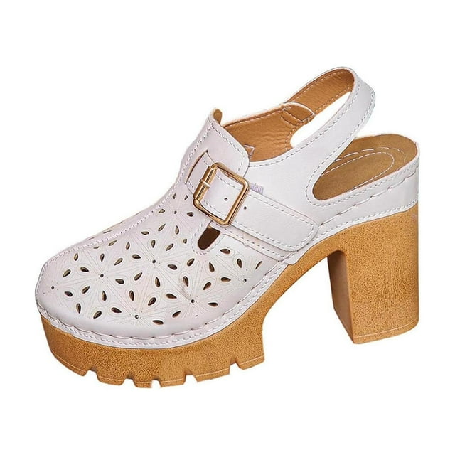 White Ladies Solid Color Heels With Closed Toe And Thick Sole For Warm Weather Activities And Comfortable Fit