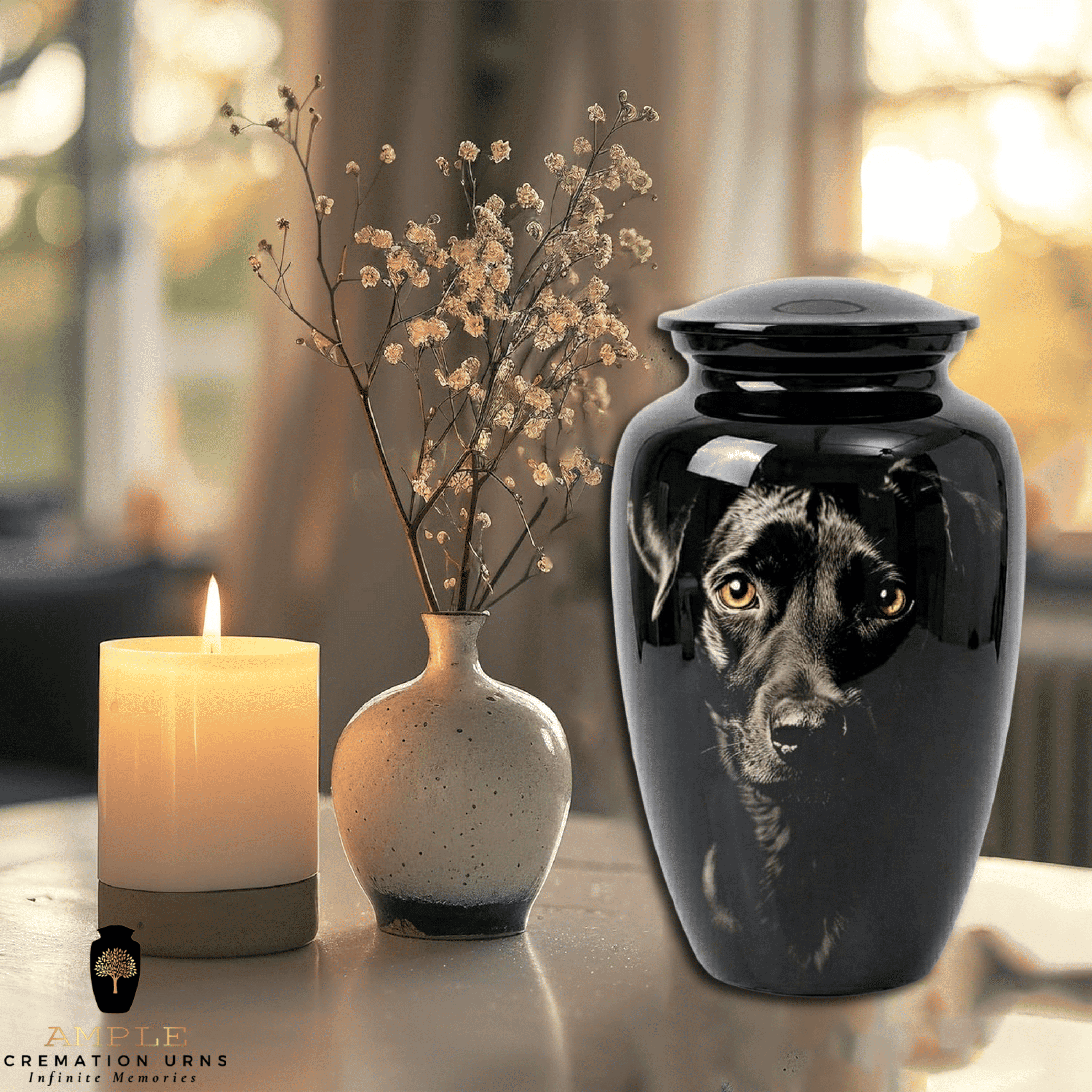 Black Dog Cremation Urn for Pet Ashes – Glossy Aluminum Memorial Urn Realistic Portrait