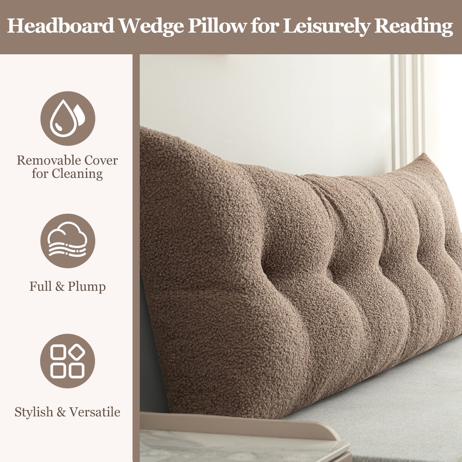 ANMINY Headboard Pillow, Teddy Velvet Fabric, Bed Rest Reading Pillow, Removable & Washable Cover, Daybed Wedge Pillow for King Beds