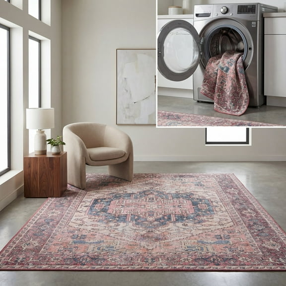SAFAVIEH Tucson Jayma Traditional Machine Washable Area Rug, 5' x 8', Beige/Pink