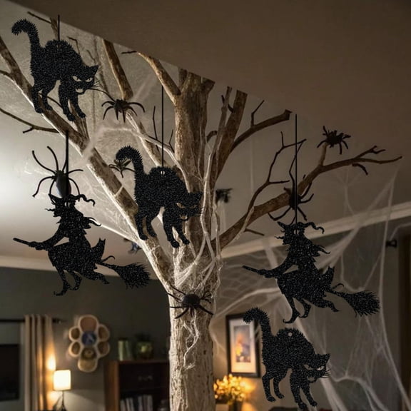 Halloween Decorations Indoor â Witch On Broom & Black Cat Paper Garland, Spooky Hanging Wall Decor For Home Living Room Party, Gothic Halloween Banner Ornament Set 5.7" Utility