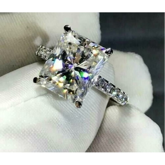 4Ct Radiant Cut Lab Created Diamond Solitaire With Accent Gorgeous Ring 14K White Gold Plated Silver