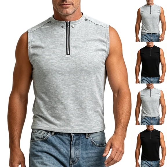 Nmnitkp Tank Tops Men Half-Zip Sleeveless Tank Tops, Loose Fit Crew Neck Breathable Solid Color Shirts for Summer Casual, Workout & Streetwear Wear Gray,M