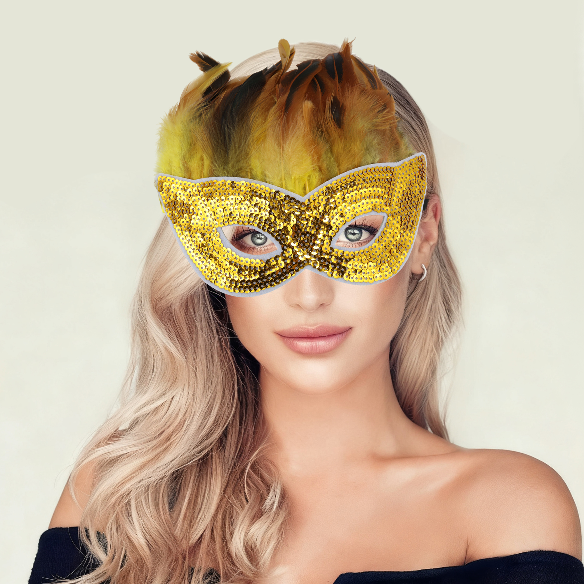 Unique Bargains 1 Pack Elegant Sequined Feathers Party Mask Gold Tone