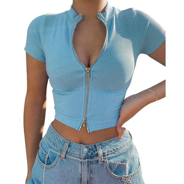 Women′ S Slim Fit Front Crop Zipper Crop Top Short Sleeve Knit