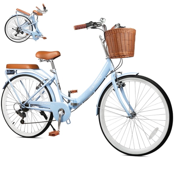 STICCIO 26 inch Womens Folding Beach Cruiser Bike, 7-Speed Shimano Foldable Bicycle Upgraded U-Brake, Front Basket Rear Rack for Adult City Riding