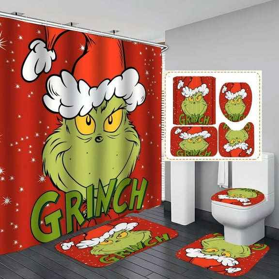 PONGUI 4 Pcs Christmas Bathroom Set, Christmas Shower Curtain Sets, Shower Curtain Non-Slip Rugs Toilet Lid Cover and Bath Mat Set, Christmas Holiday Bathroom Decor, 72x72 Inches, with 12 Hooks