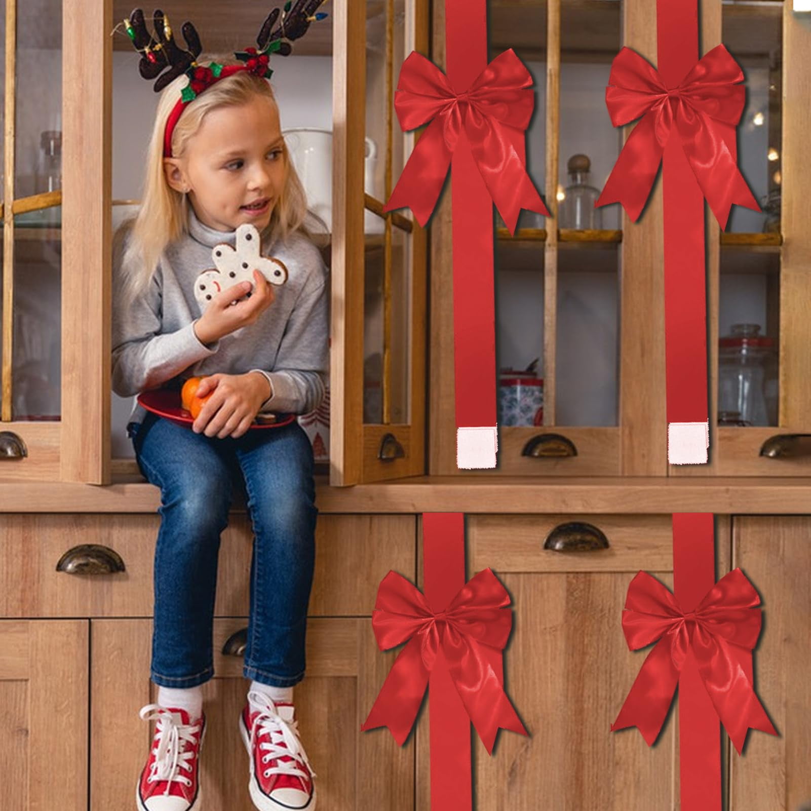 6Pcs Large Red Christmas Cabinet Door Ribbon Bow, 40in Big Christmas Bow Wrapping Decorations, Front Door Bow Christmas Tree Bow