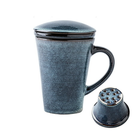 

European Style 300ml/10.6oz Tea Cup With Infuser And Lid Ceramic Mug With Lid Dark Blue Loose Leaf Tea Steeper-Navy blue-300ml 10.6oz