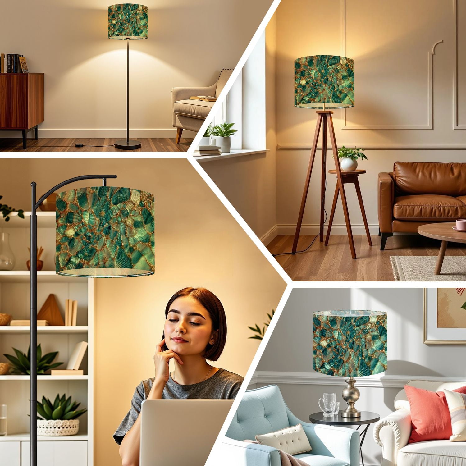 Linen Drum Lampshades Pearl Abstract Seashell Crystal Mineral Texture Abalone Teal Gold 13"x13"x10" Light Shade for Table Lamps Floor Lamps Drum Lamp Shades Lampshade Replacement Assembly Required