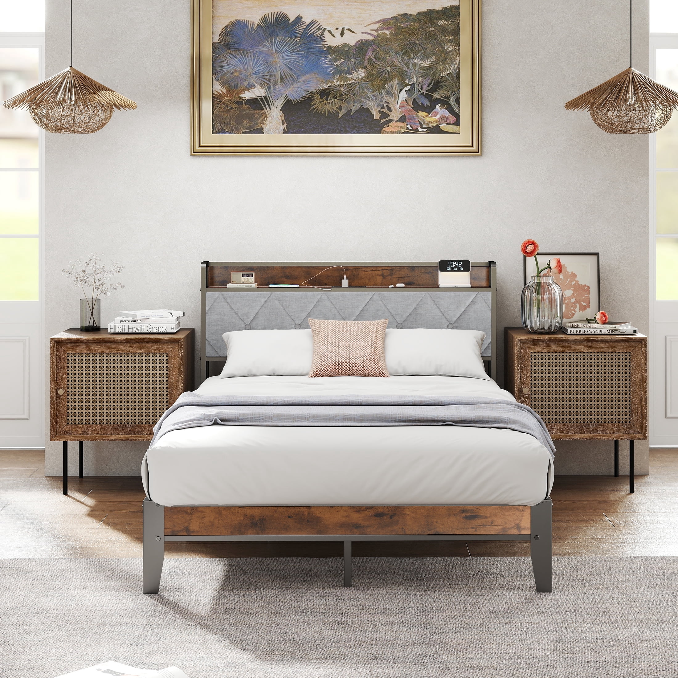 EDX Full Bed Frame with Headboard Integrated Charging Station, Spacious Underbed Storage, Simple No-Tool Assembly,  No Box Spring Required