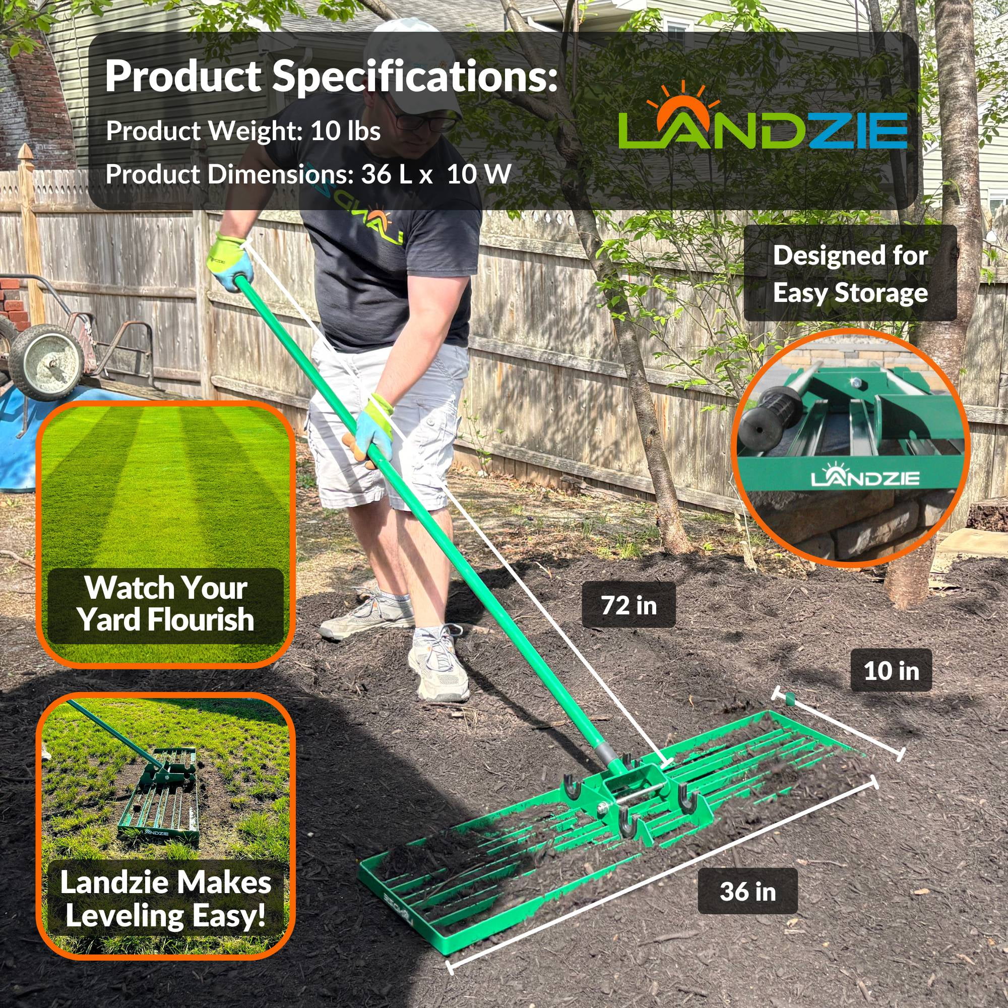 LANDZIE Lawn Leveling Rake - 36 Inch Wide 72 inch Handle Powder Coated Yard, Garden, and Lawn Leveling Tool - Professional Lawn Care Landscaping Tools