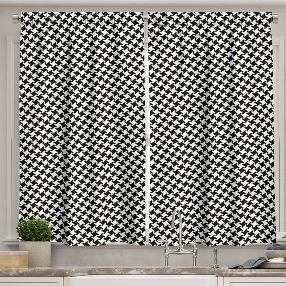 Ambesonne Houndstooth Kitchen Curtains, Classic Simple Ornament, 55"x45", Charcoal Grey and White