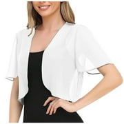 JGGSPWM Women Shrug Sheer Ruffle Short Sleeve Cropped Chiffon Cardigan for Dress White XXL