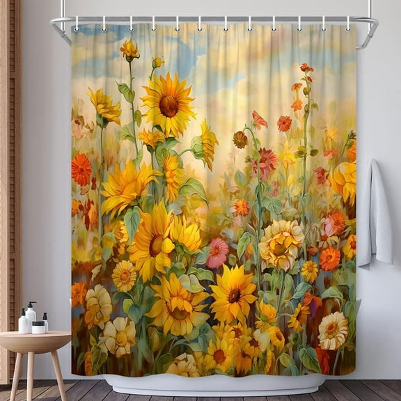 Sunflower Shower Curtain Rustic Watercolor Yellow Flower Green Leaf Vintage Farmhouse Floral Bath Decor Polyester Fabric Curtains-48"W x 72"L (Pack of 1)