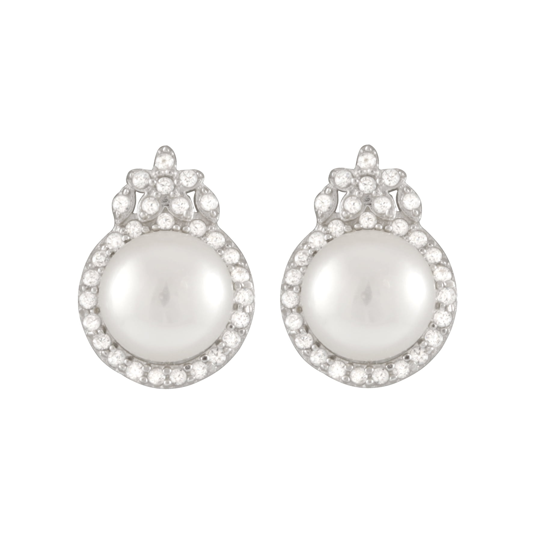 925 Sterling SIlver CZ Accent Halo Earrings 7.5-8mm Button Handpicked AA Quality Cultured Freshwater Pearls 