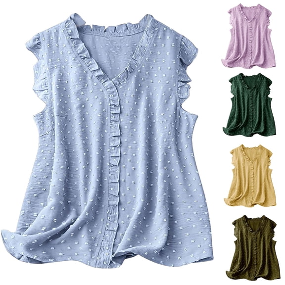 Wlynlyn Tops for Women Trendy 2024 Sleeveless Tank Tops Casual V Neck Ruffle Shirts Cute Summer Tops