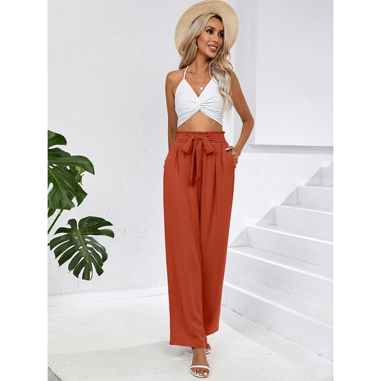 Chiclily Women's Wide Leg Pants with Pockets Lightweight High Waisted  Adjustable Tie Knot Loose Trousers Flowy Summer Beach Lounge Pants, US Size  Large in Burnt Orange 