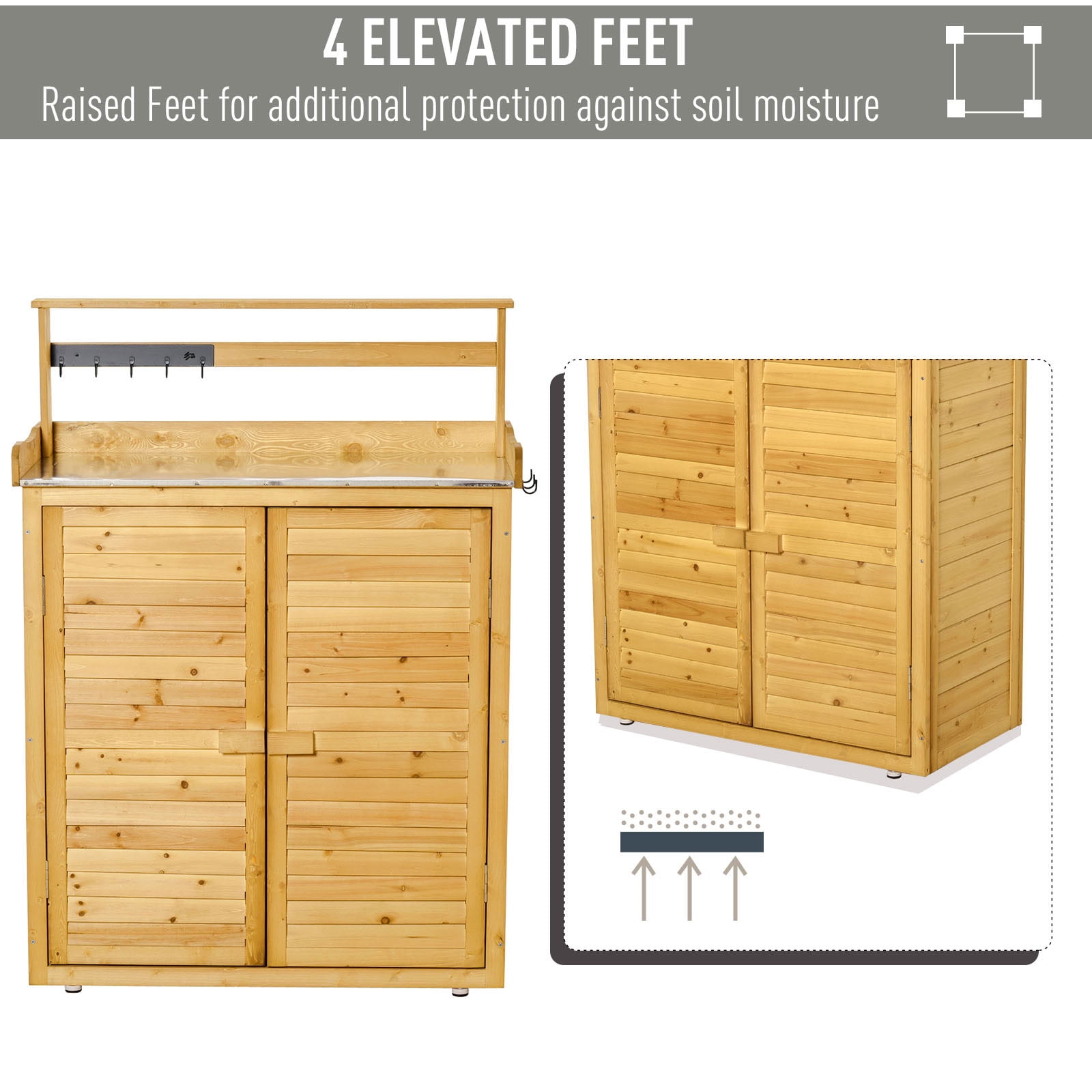 MAYEERTY 47.25" Tall Wood Potting Bench Shed, Outdoor Garden Tool Storage Cabinet with Metal Tabletop, for Backyard, Patio