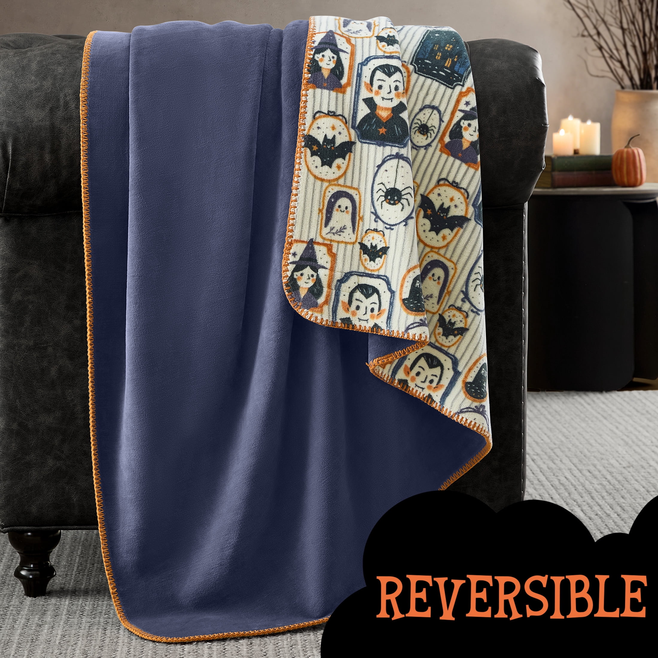 Boo-tique Halloween Soft Fleece Oversized Couch Throw Blanket, Spooky Portraits, Grey, 50 x 72 in