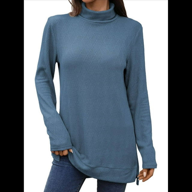 Camiseta Holgada de Larga con Cuello Alto y Estampado Geométrico de Jacquard para Mujer, Otoño e Invierno. Azul Oscuro L
