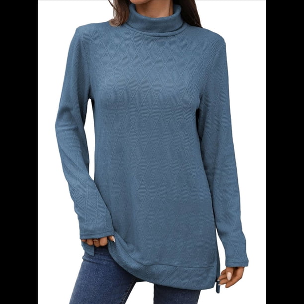 Camiseta Holgada de Larga con Cuello Alto y Estampado Geométrico de Jacquard para Mujer, Otoño e Invierno. Azul Oscuro XXL